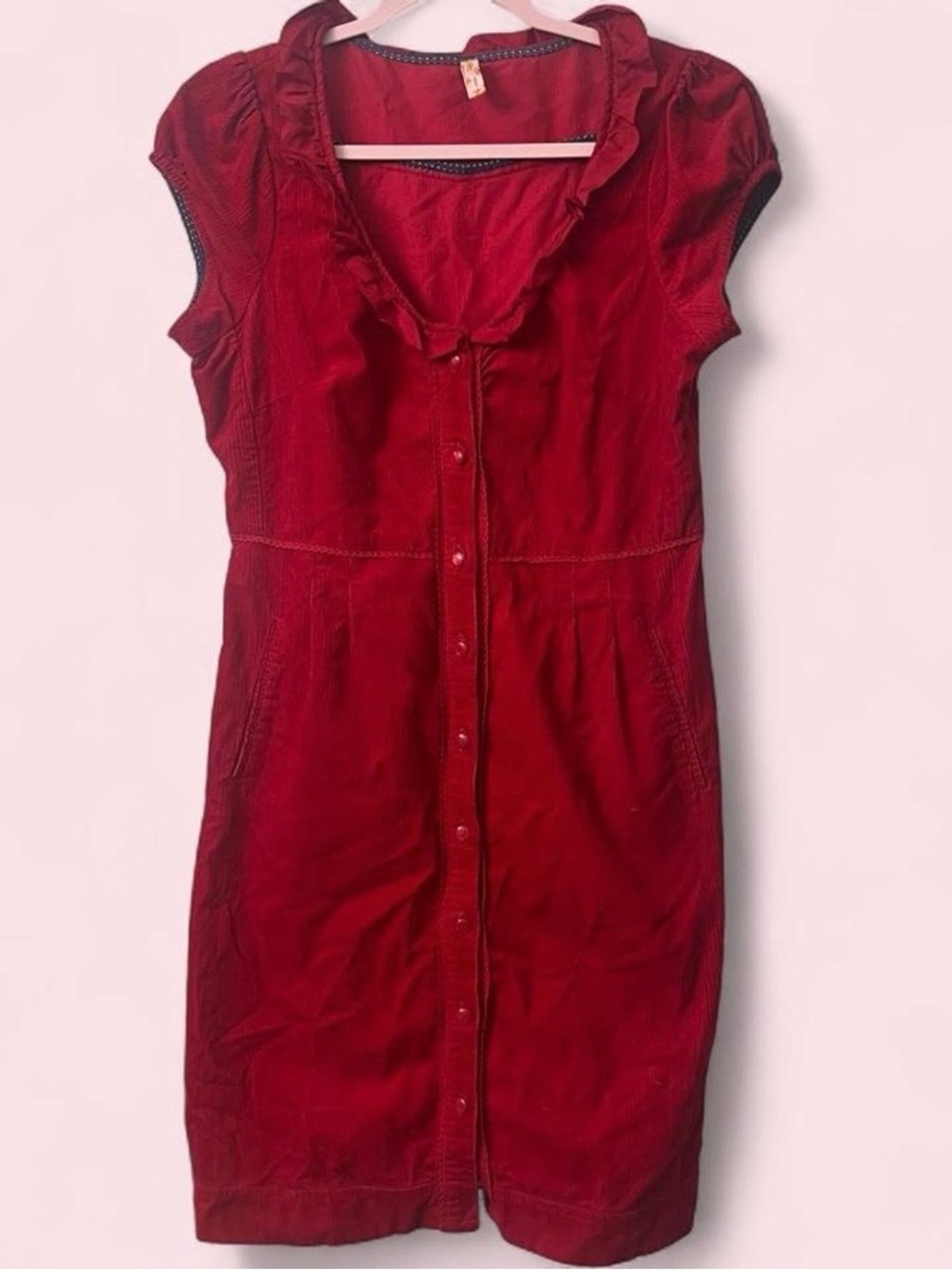 Maeve Deep Red Button-Front Corduroy Ruffle Color Mini Dress